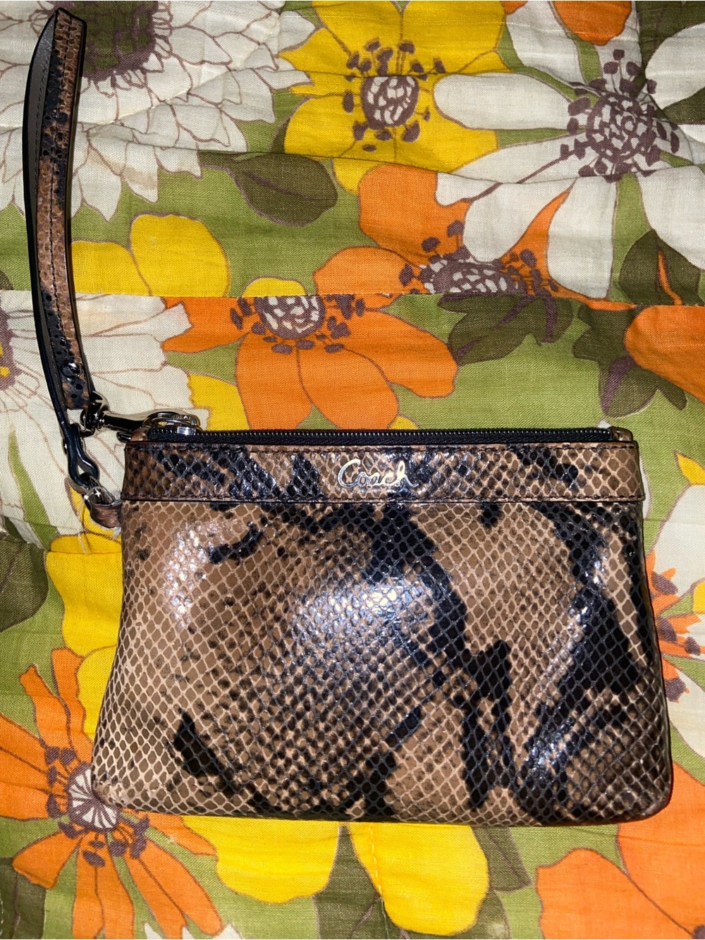 Coach Brown and Black Snake-Print Wristlet Pouch Wallet